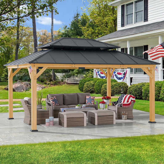 12x16 Wood Hardtop Gazebo Black Metal Roof