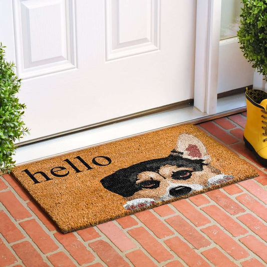 17-inch x 29-inch natural black and brown coir welch corgi hello outdoor door mat on brick entrance