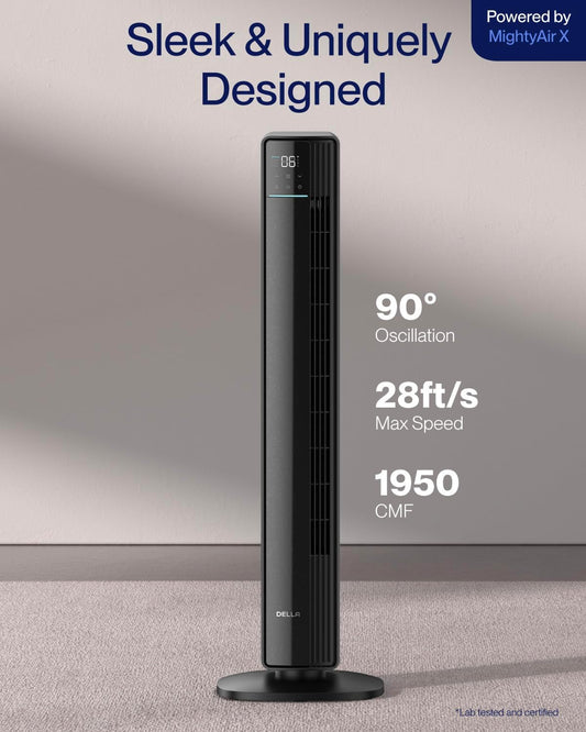 Della 42" Smart Tower Fan, Ultra Quiet 23dB Cooling Fan with 12 Speeds, 90° Oscillating, 28ft/s Airflow, DC Motor, 24H Timer, Voice/App/Remote Control for Bedroom