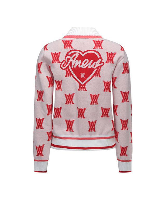 White women's cardigan with red "Anew" heart logo and pattern on the back, soft knit for spring/summer.