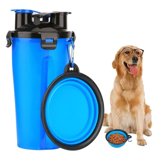 Blue 2 in 1 dog drinking water bottle with dual chambers and collapsible silicone bowl next to a golden retriever wearing glasses