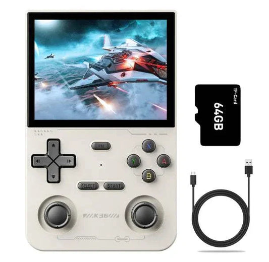 K36 Retro handheld game console with 3.5-inch IPS screen, dual joysticks, classic game emulators, 64GB memory card, and USB charging cable.